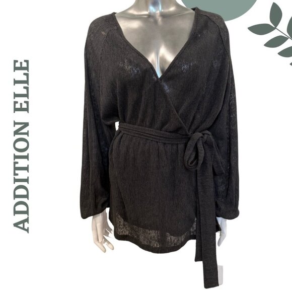 Addition Elle Tops - Addition Elle Black Sheer Ribbed Wrap Top with Waist Tie | V-Neck Top | Size 1X